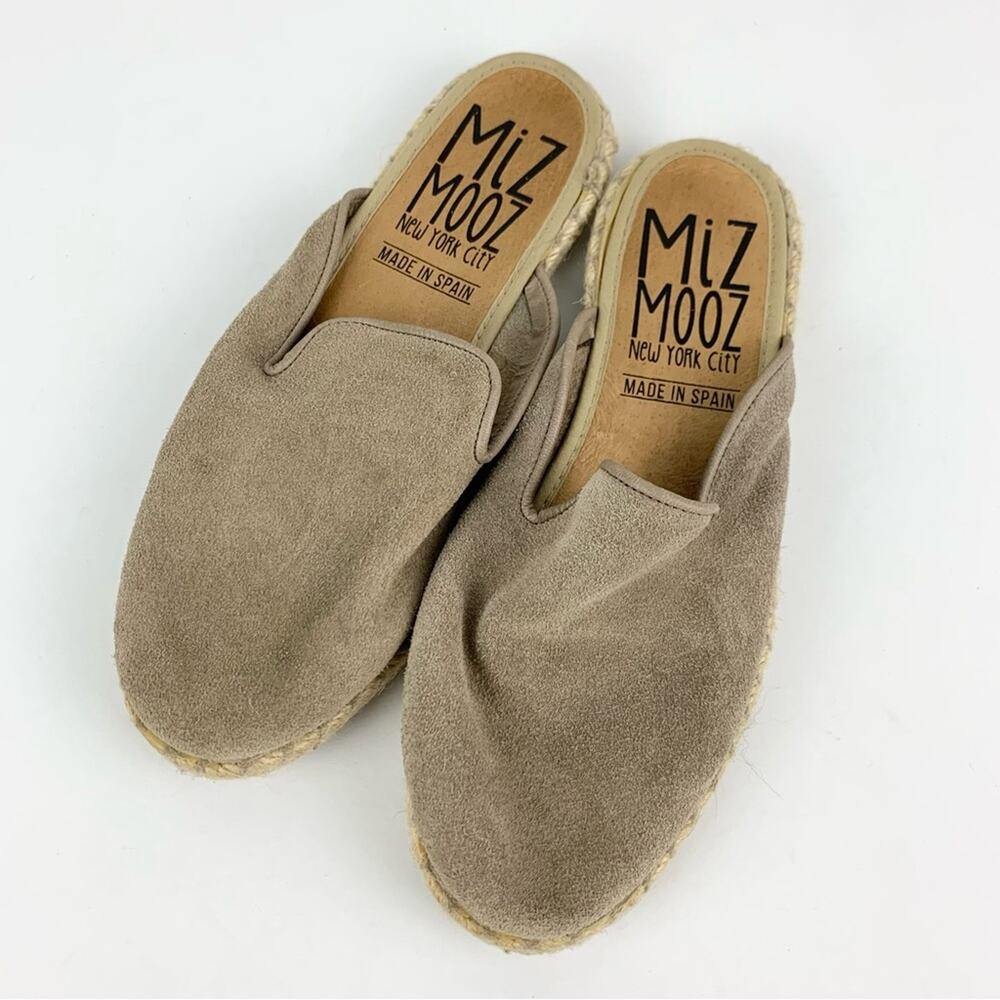 Miz Mooz Taupe Grey Tan Suede Leather Slip On Mule Loafer Espadrille Sandal 37